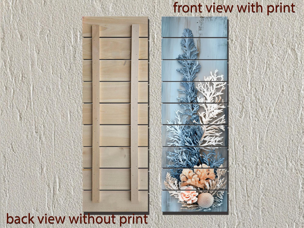Narrow vertical coral wall art printed on distressed wood panels, shown in front and back views.