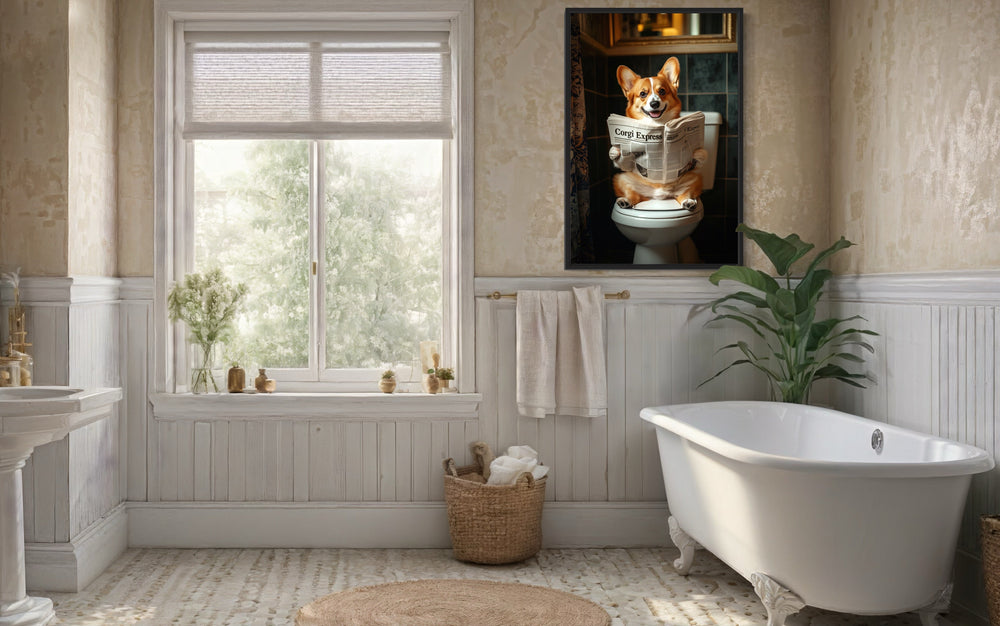 a bathroom with a tub, sink, toilet and a painting of a corgi on toilet