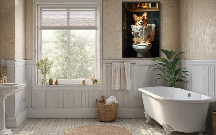 a bathroom with a tub, sink, toilet and a painting of a corgi on toilet