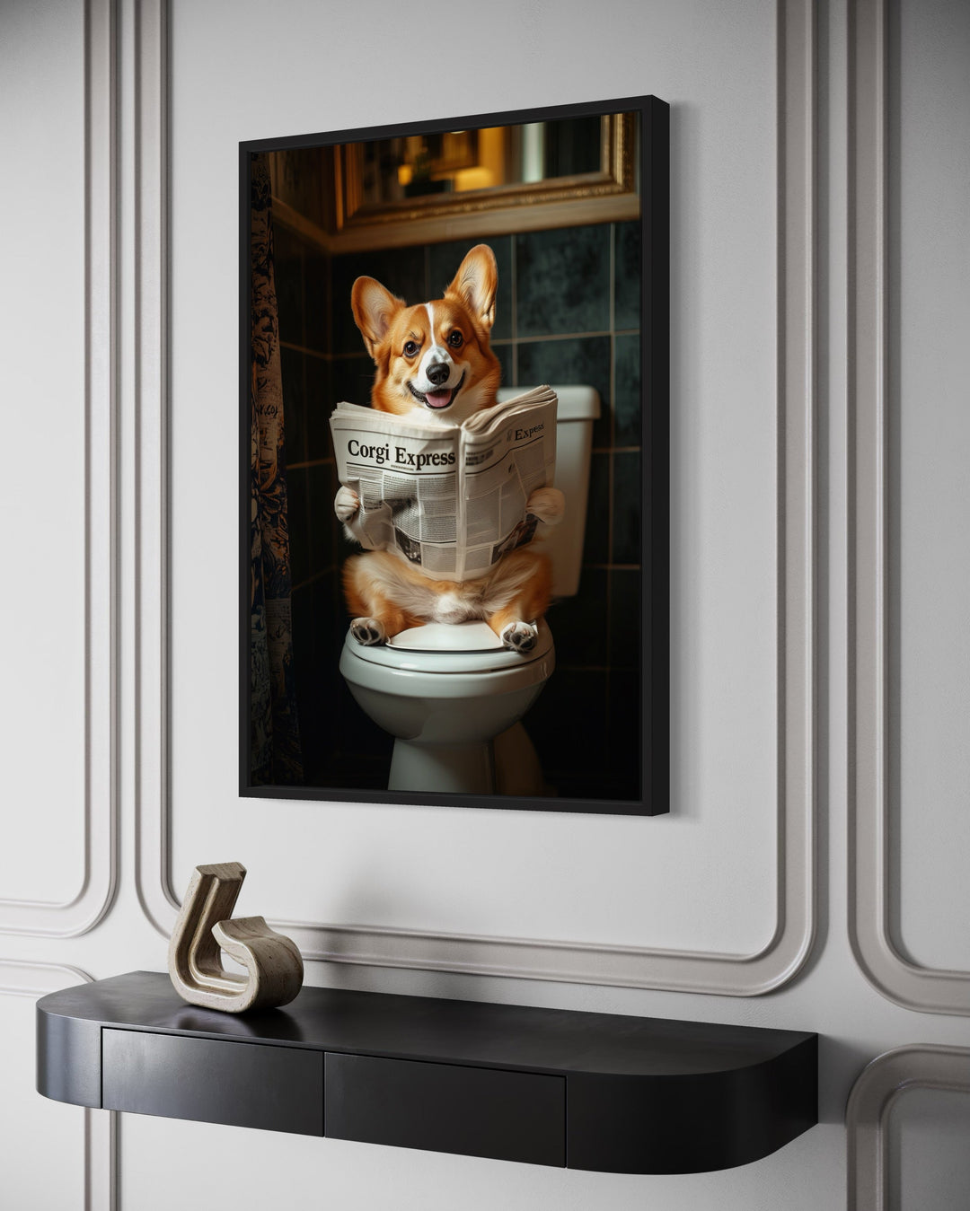 Corgi On The Toilet Reading Newspaper wall art side view