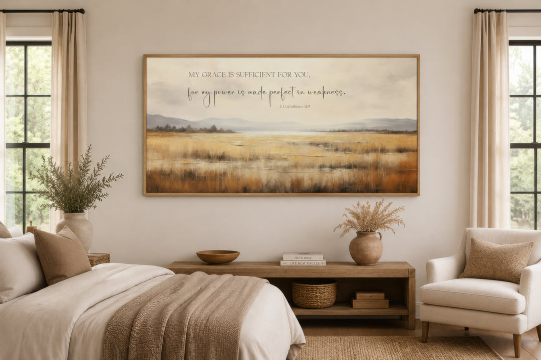 Corinthians 12:9 scripture wall art over a vintage farm landscape in a neutral bedroom setting.