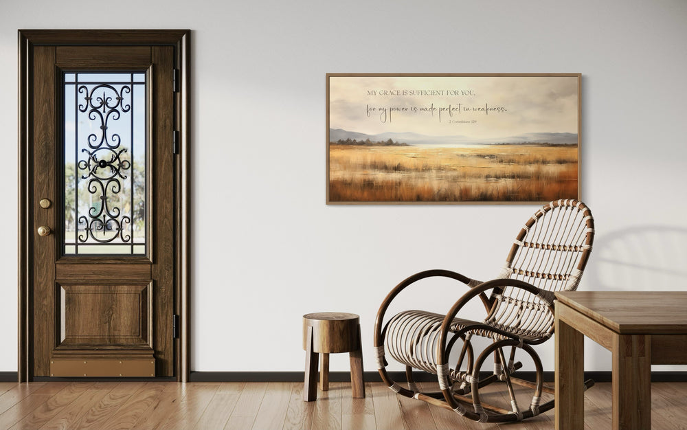 Farmhouse Wall Decor - Corinthians 12:9 Scripture Wall Art On Vintage Farm Landscape