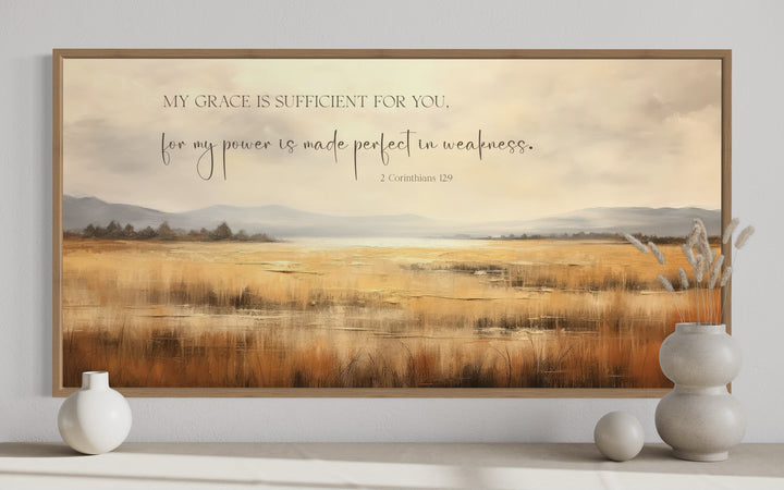 Farmhouse Wall Decor - Corinthians 12:9 Scripture Wall Art On Vintage Farm Landscape