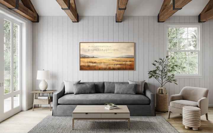 Farmhouse Wall Decor - Corinthians 12:9 Scripture Wall Art On Vintage Farm Landscape