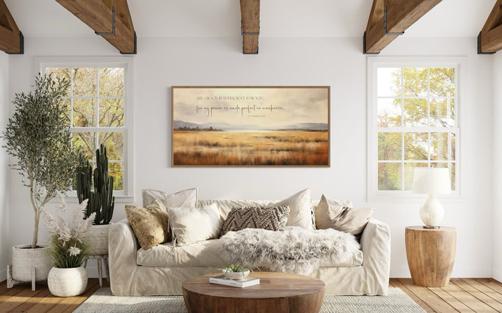 Farmhouse Wall Decor - Corinthians 12:9 Scripture Wall Art On Vintage Farm Landscape