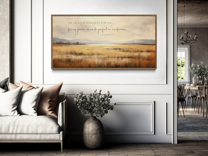 Farmhouse Wall Decor - Corinthians 12:9 Scripture Wall Art On Vintage Farm Landscape