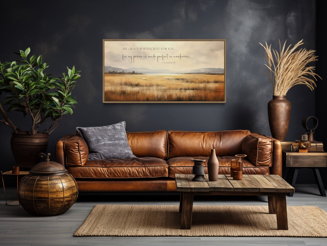 Farmhouse Wall Decor - Corinthians 12:9 Scripture Wall Art On Vintage Farm Landscape