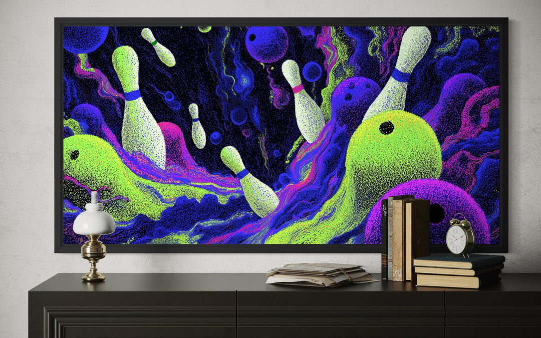 Cosmic Bowling Wall Art – Abstract Purple Green Canvas | Modern Game Room Decor
