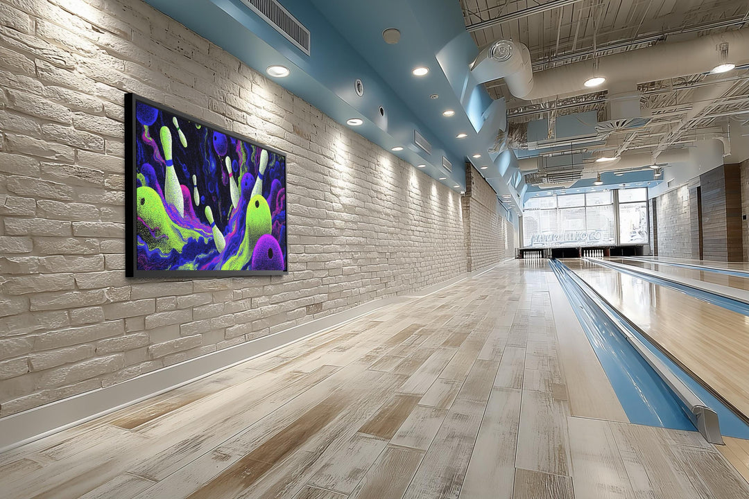 Cosmic Bowling Wall Art – Abstract Purple Green Canvas | Modern Game Room Decor