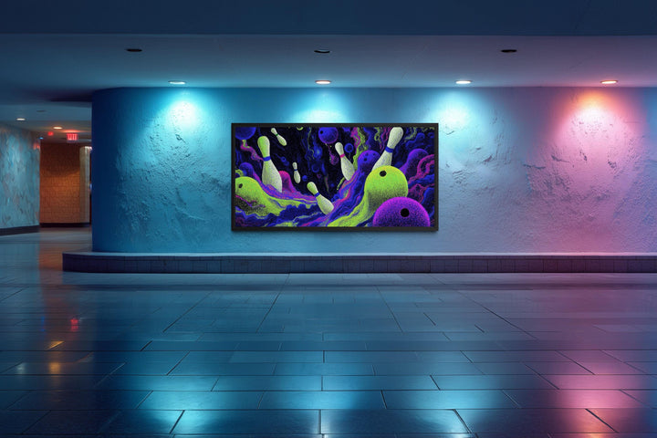Cosmic Bowling Wall Art – Abstract Purple Green Canvas | Modern Game Room Decor