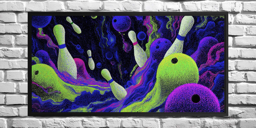 Cosmic Bowling Wall Art – Abstract Purple Green Canvas | Modern Game Room Decor