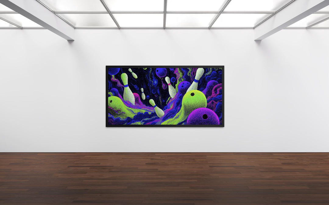 Cosmic Bowling Wall Art – Abstract Purple Green Canvas | Modern Game Room Decor