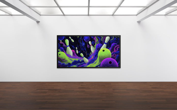 Cosmic Bowling Wall Art – Abstract Purple Green Canvas | Modern Game Room Decor