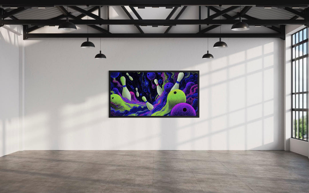 Cosmic Bowling Wall Art – Abstract Purple Green Canvas | Modern Game Room Decor
