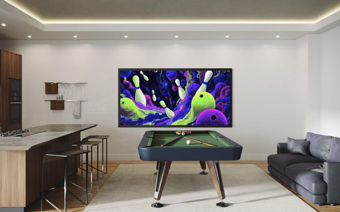 Cosmic Bowling Wall Art – Abstract Purple Green Canvas | Modern Game Room Decor