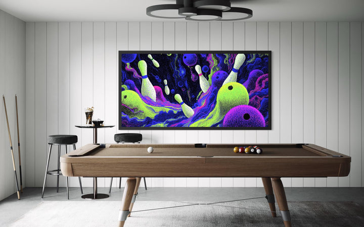 Cosmic Bowling Wall Art – Abstract Purple Green Canvas | Modern Game Room Decor