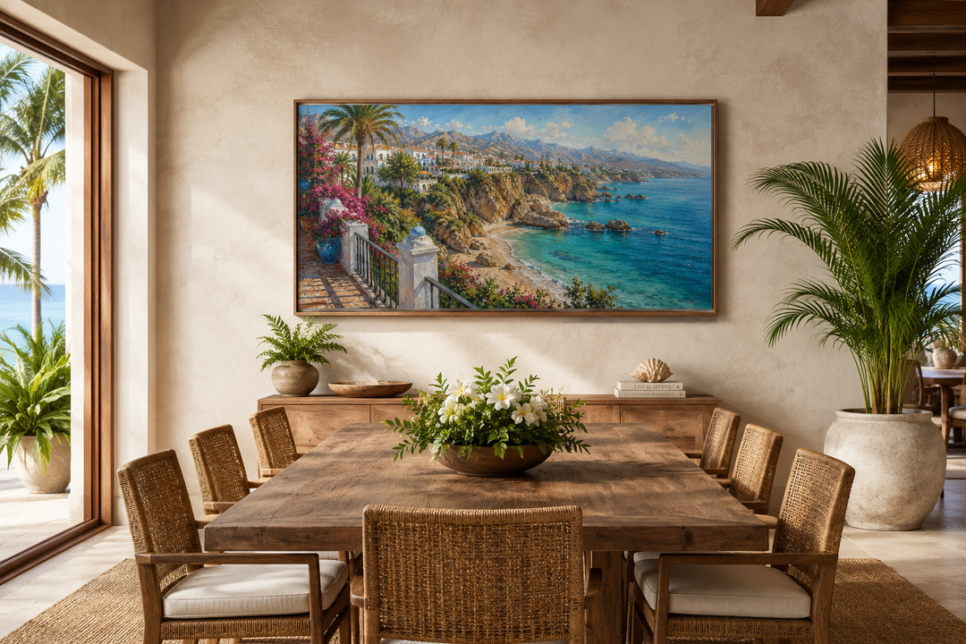 Costa Del Sol Mediterranean Coastal Village framed canvas wall art above a wooden dining table.