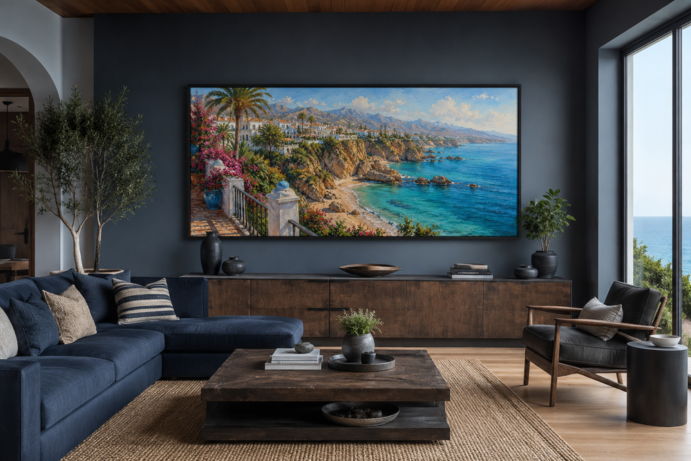 Framed canvas wall art of a Mediterranean coastal village on a cliff overlooking the blue sea.