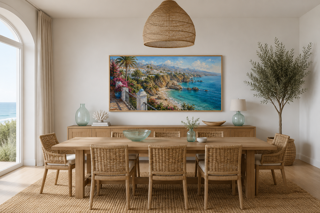 Costa Del Sol Mediterranean coastal village framed canvas wall art above a wooden dining table.