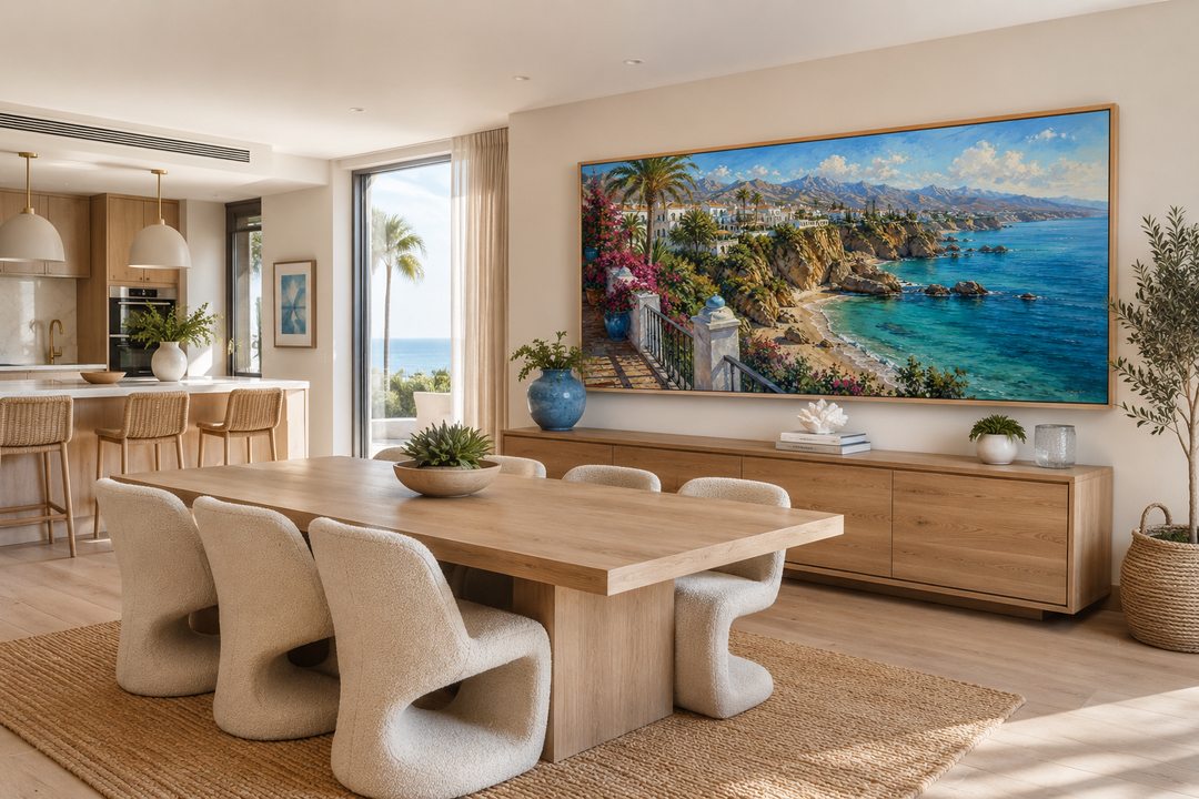 Costa Del Sol Mediterranean Coastal Village framed canvas wall art in a modern dining room.