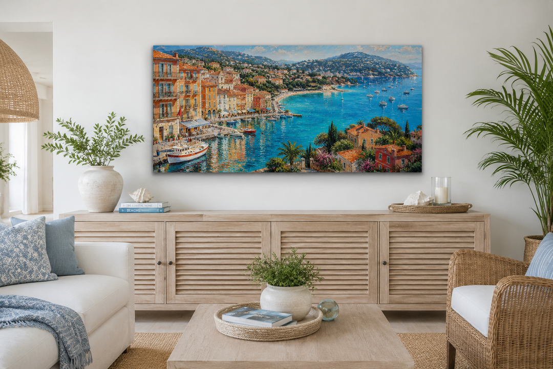 Cote d'Azur French Riviera harbor painting with sailboats on a canvas above a wooden console table.