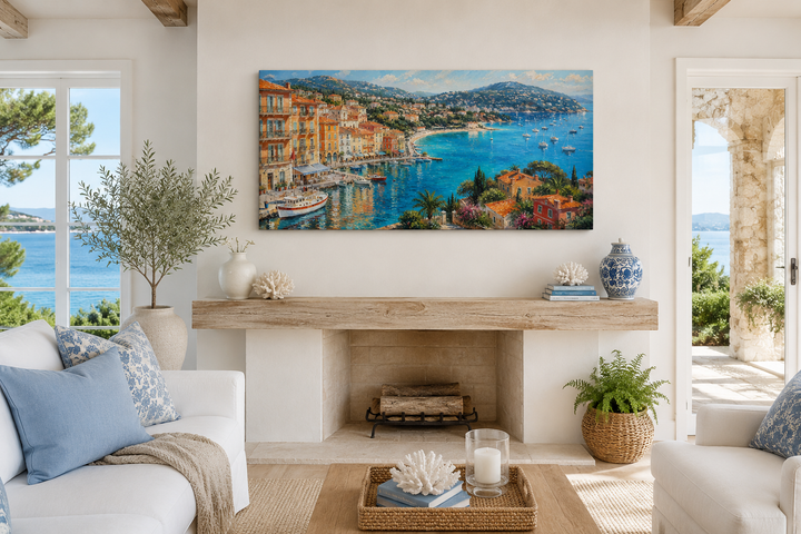 Cote d'Azur French Riviera coastal village harbor painting with sailboats above a fireplace mantel.