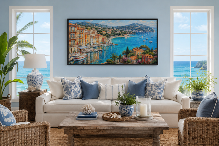 Cote d'Azur French Riviera coastal village harbor painting with sailboats in a coastal living room.