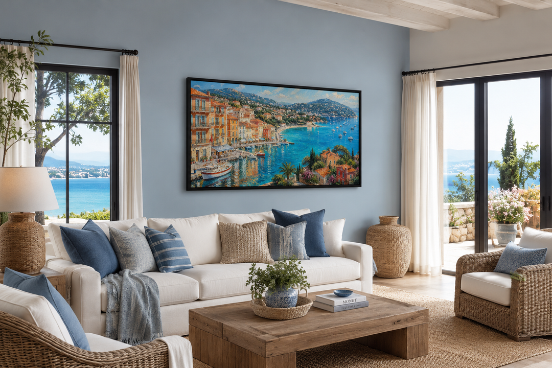 Cote d'Azur French Riviera harbor painting with sailboats in a coastal living room.