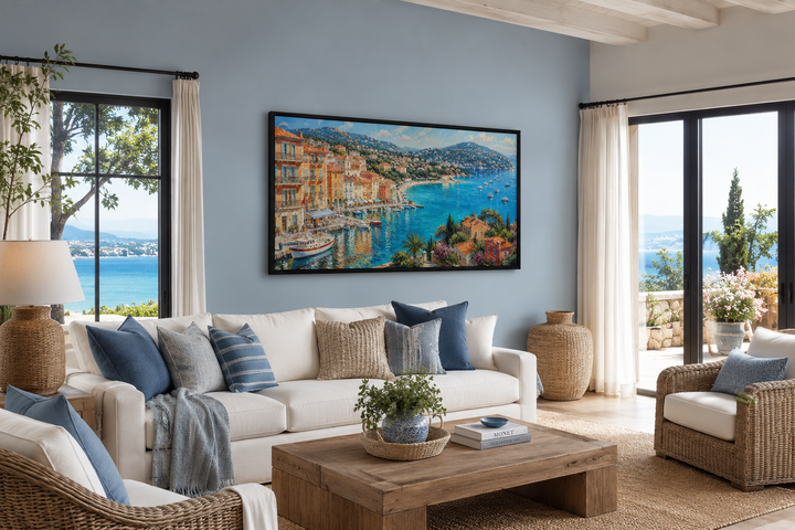Cote d'Azur French Riviera harbor painting with sailboats in a coastal living room.