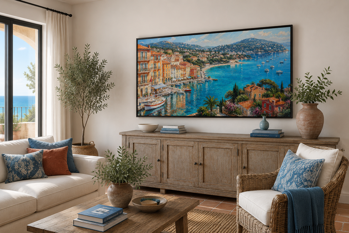 Cote d'Azur French Riviera harbor painting with sailboats above a wooden console in a living room.