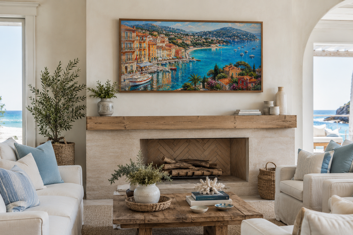 Cote d'Azur French Riviera coastal village harbor painting with sailboats above a fireplace.