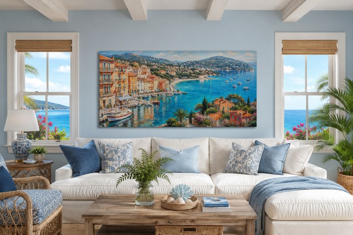 Cote d'Azur French Riviera harbor painting on a blue wall above a white sofa in a coastal room.