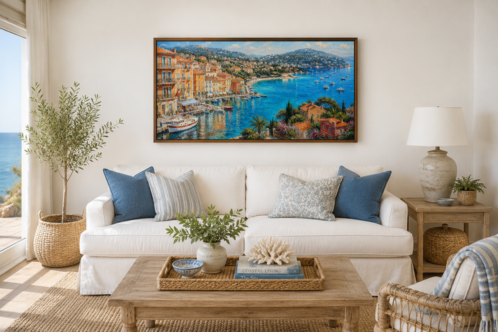 Cote d'Azur French Riviera coastal village harbor painting with sailboats in a coastal living room.