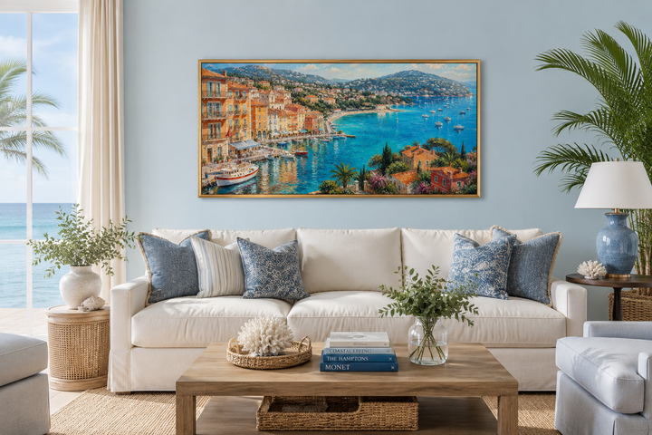 Cote d'Azur French Riviera coastal village harbor painting with sailboats in a gold frame.