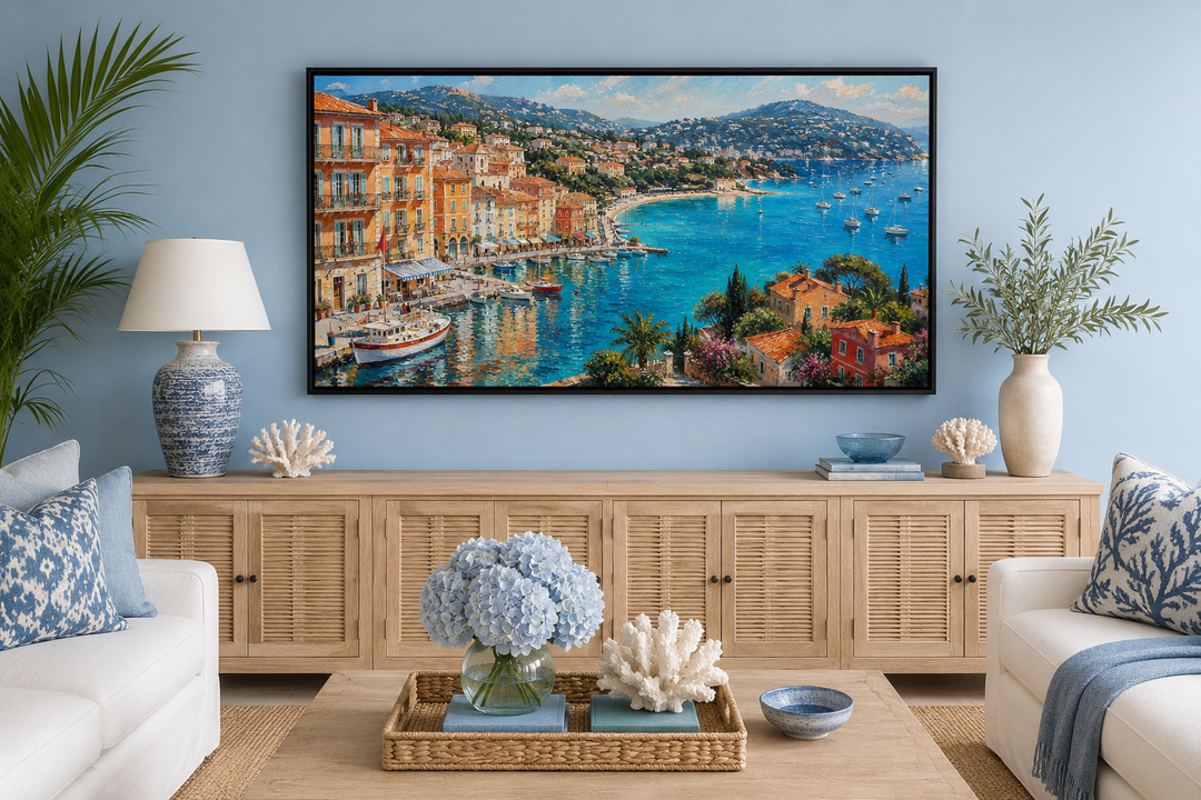 Cote d'Azur French Riviera painting of a coastal village harbor with sailboats in a living room.