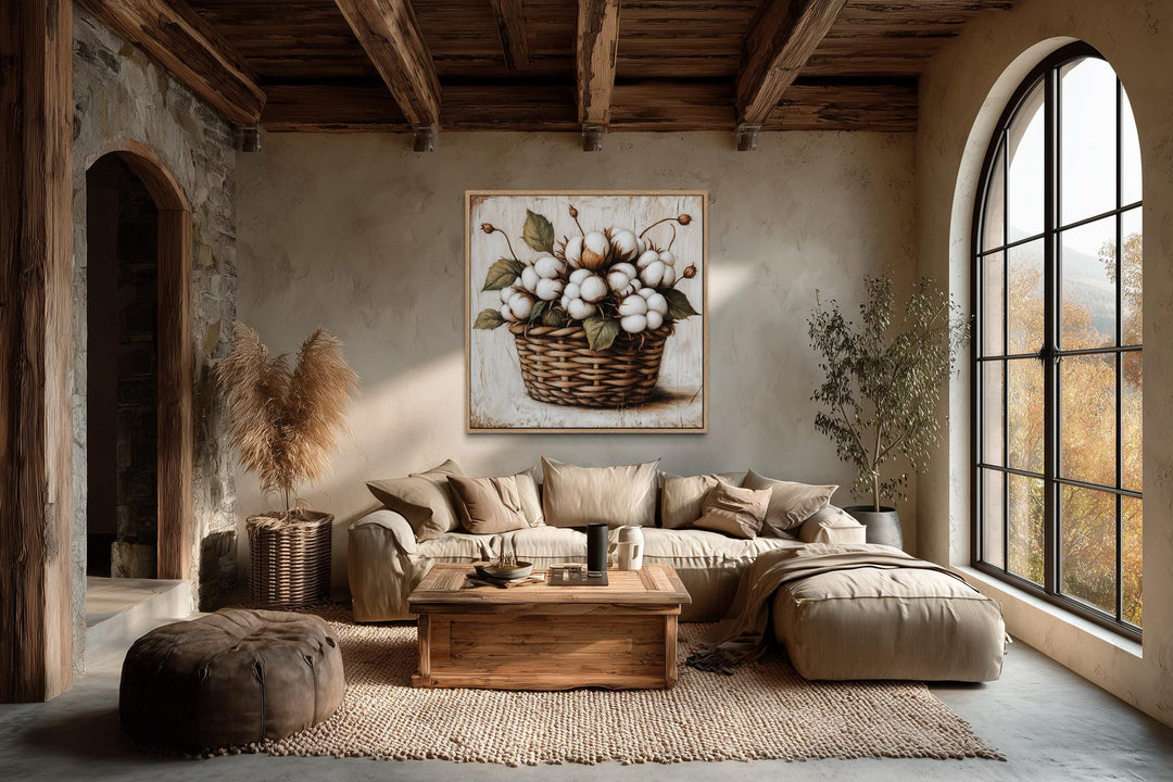Square canvas wall art of cotton bolls in a wicker basket hanging in a rustic farmhouse living room.