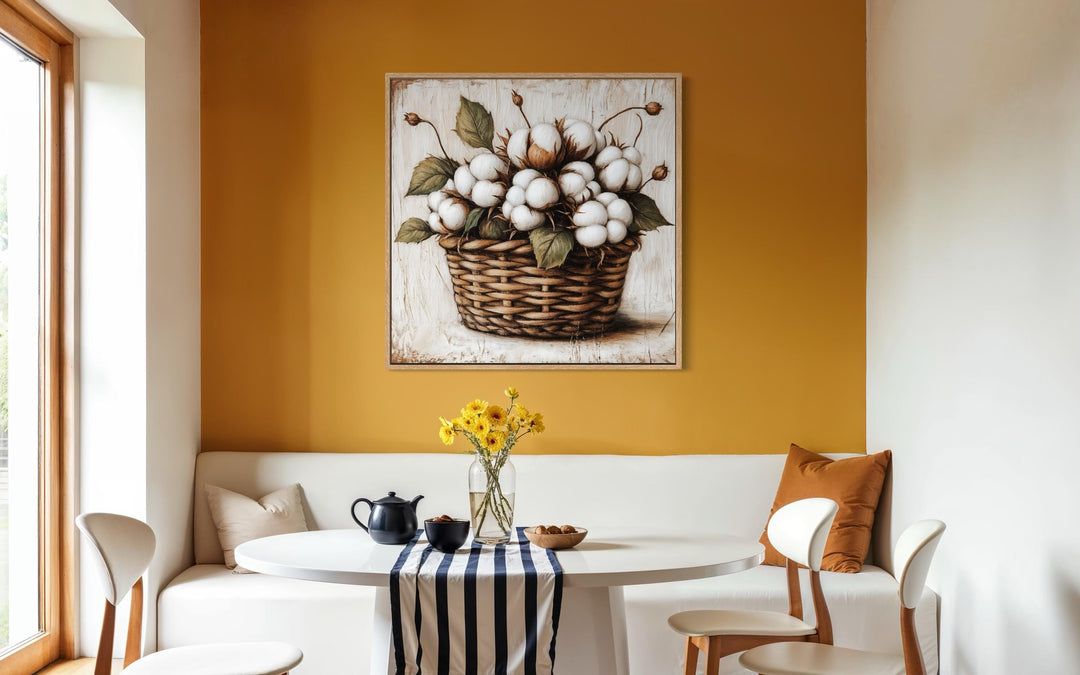 Cotton bolls in a wicker basket canvas wall art displayed on a warm yellow farmhouse dining wall.