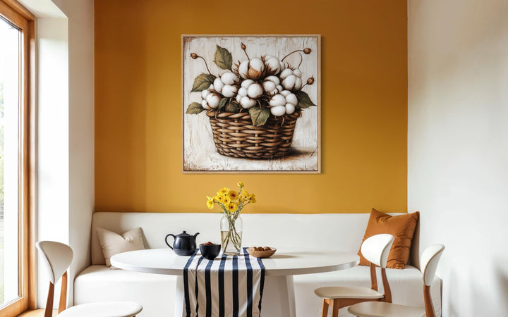 Cotton bolls in a wicker basket canvas wall art displayed on a warm yellow farmhouse dining wall.