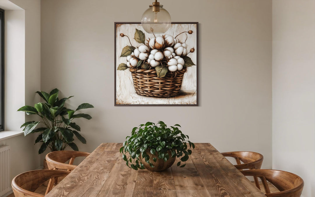 Framed canvas wall art of cotton bolls in a wicker basket hanging in a rustic farmhouse dining room.