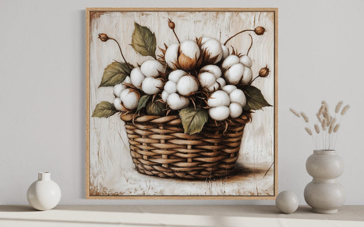 Framed canvas wall art of cotton bolls in a wicker basket for rustic farmhouse decor.
