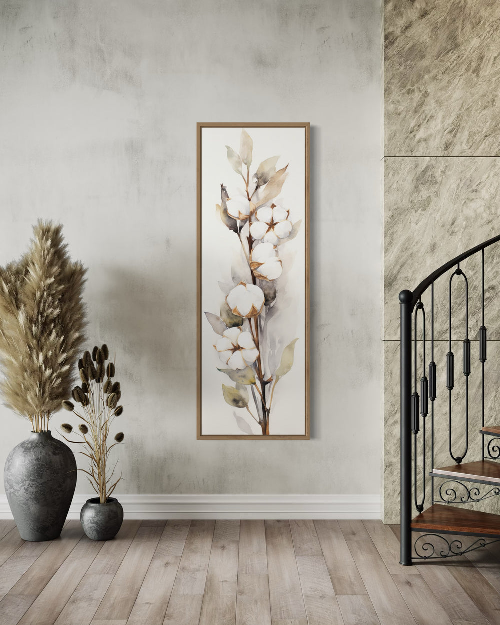 Farmhouse Wall Decor - Cotton Plant Watercolor Neutral Vertical Framed Canvas Wall Art