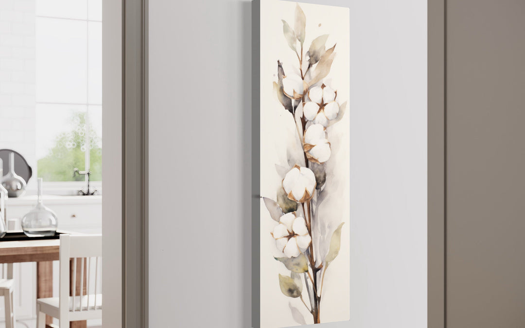 Cotton Plant Watercolor Neutral Vertical Framed Canvas Wall Art