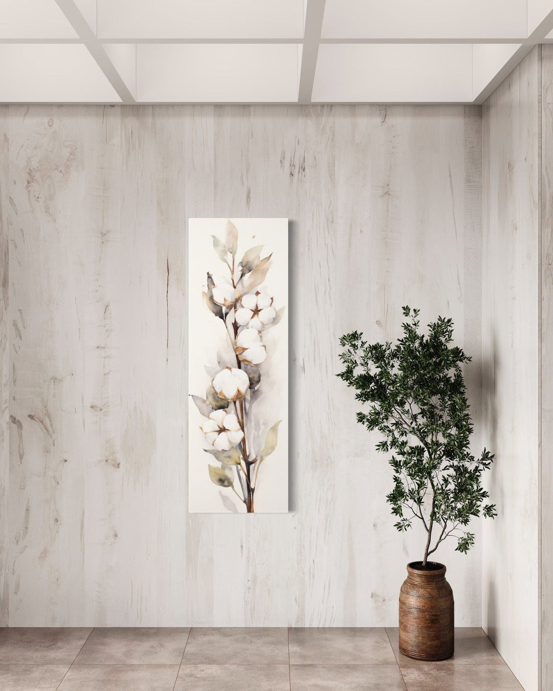 Cotton Plant Watercolor Neutral Vertical Framed Canvas Wall Art