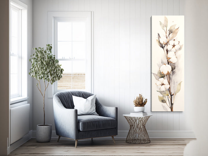 Cotton Plant Watercolor Neutral Vertical Framed Canvas Wall Art