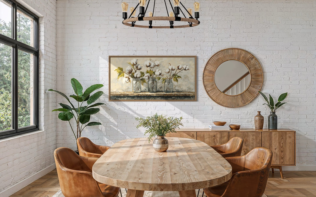 Cotton Plants Wall Art - Rustic Farmhouse Kitchen Decor | Mason Jar Canvas Print