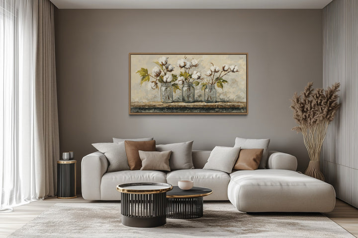 Cotton Plants Wall Art - Rustic Farmhouse Kitchen Decor | Mason Jar Canvas Print