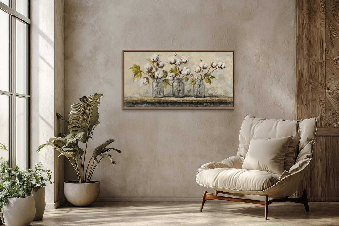 Cotton Plants Wall Art - Rustic Farmhouse Kitchen Decor | Mason Jar Canvas Print