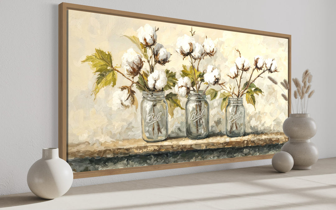Cotton Plants Wall Art - Rustic Farmhouse Kitchen Decor | Mason Jar Canvas Print