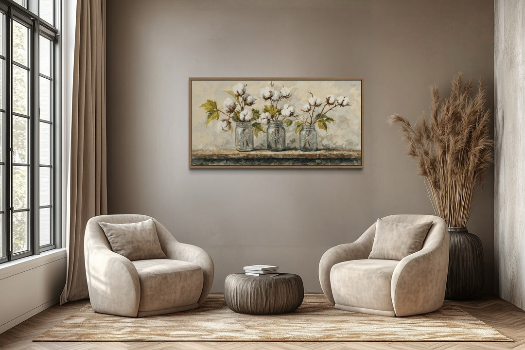 Cotton Plants Wall Art - Rustic Farmhouse Kitchen Decor | Mason Jar Canvas Print