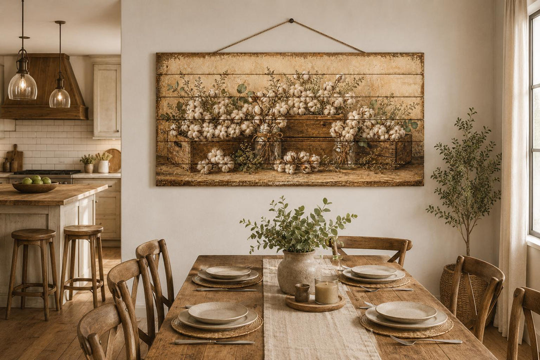 Rustic wood wall art featuring cotton stems in crates above a farmhouse dining table.